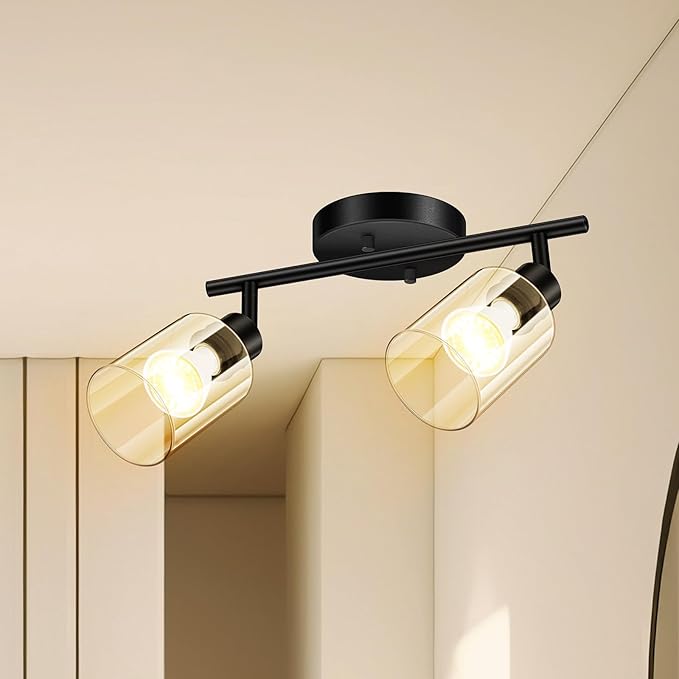 BoostArea Modern 2 Way Black Ceiling Spot Light With Glass Shade and Flexibly Rotatable Head - Perfect for Kitchen, Dining Room, Bedroom, Hallway