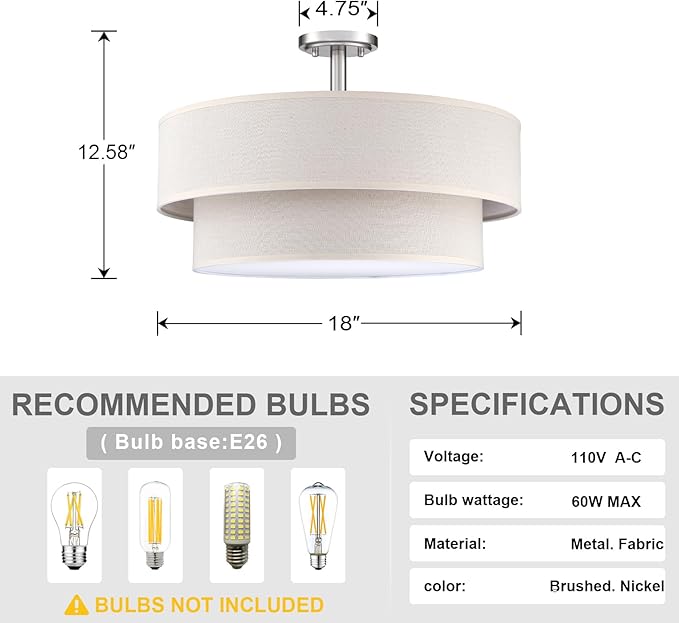 4 Light Semi Flush Mount Close to Ceiling Light Fixture,Cream Linen Fabric Shade Brushed Nickel Finish 18 inch for Bedroom,Living Room,Dining Room Hallway