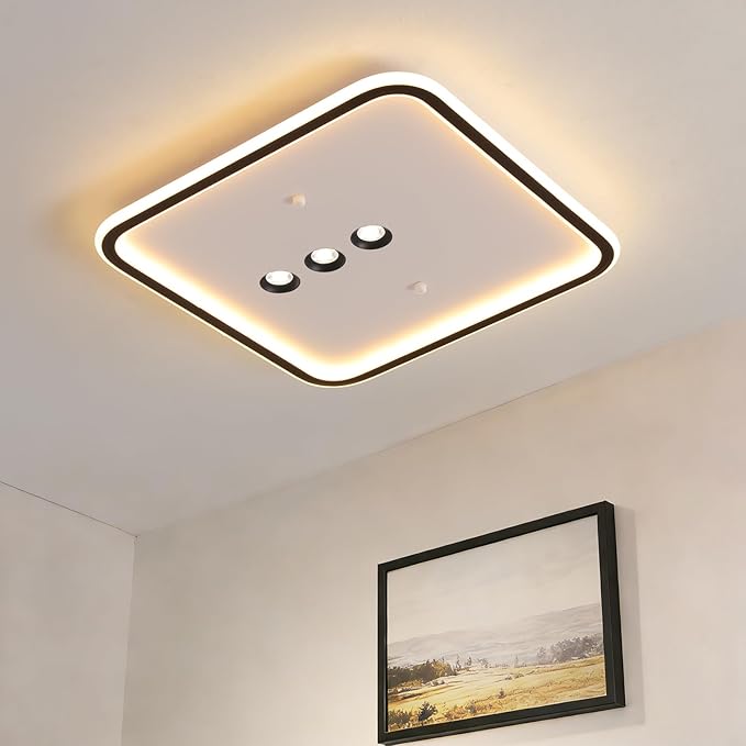 Square Diamond LED Ceiling Light with 3 Adjustable Spotlights, Dimmable Flush Mount Lighting Fixture, Black & White for Bedroom Living Room Kitchen Hallway