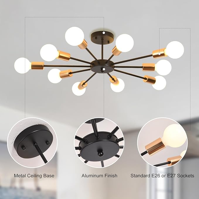 Jaycomey Semi Flush Mount Sputnik Ceiling Light,10-Light E26 Base Modern Black Sputnik Chandelier,Industrial Ceiling Lamp Fixture for Kitchen Farmhouse Living Room Dining Room