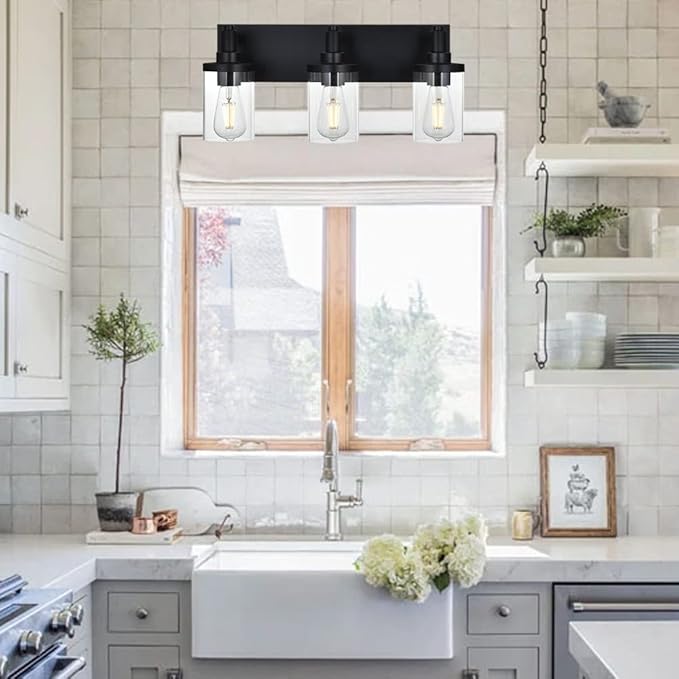 Modern Vanity Lighting,3 Light Matte Black Bathroom Light, Vintage Wall Sconces Lighting with Clear Class Shade Industrial Bath Wall Mounted Lights for Mirror, Living Room, Bedroom Hallway