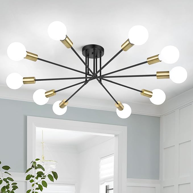 Semi Flush Mount Ceiling Light Fixture, 10-Light Modern Black and Gold Sputnik Chandelier Industrial Ceiling Lamp for Kitchen Dining Room Living Room Bedroom Foyer