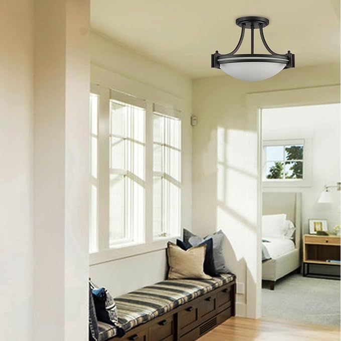 Matte Black Semi Flush Mount Ceiling Light Modern Farmhouse 2-Light Milk Glass Ceiling Light Fixture for Hallway Bedroom Kitchen, 12-Inch