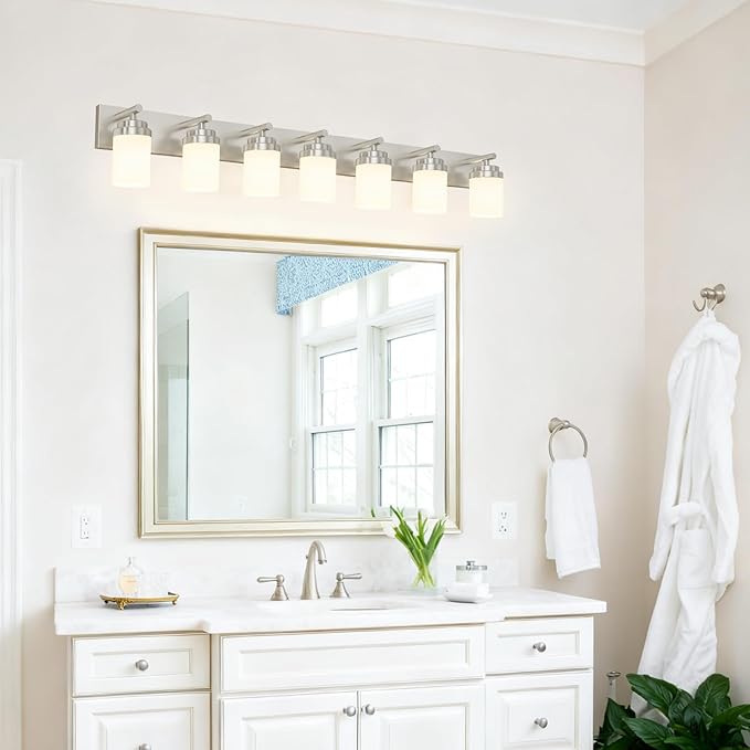 IZORRO Bathroom Vanity Light Fixture, 7-Light 52 inch Brushed Nickel Bathroom Light Fixtures Over Mirror, with White Glass Shade, Modern Farmhouse Vanity Lights, Rustic Restroom Lighting Fixtures