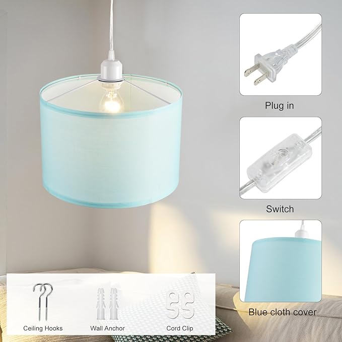 2 Pack Plug in Pendant Light, Hanging Light with 15Ft Clear Cord, On/Off Switch, Blue Fabric Lamp Shade, Hanging Light Fixture for Bedroom, Kitchen, Living Room, Dining Table