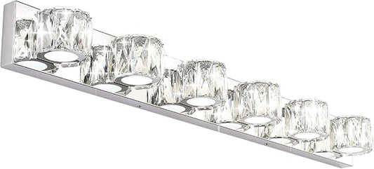 Aipsun 6 Lights 41in Crystal Vanity Lights Over Mirror Long Bathroom Lighting Fixture Modern LED Vanity Light for Bathroom,White Light 6000K