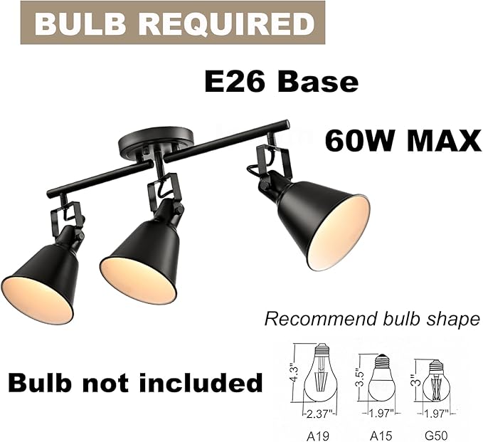 DIRYZON 3-Light Semi-Flush Mount Ceiling Track Lighting Adjustable Round Spotlight in Matte Black Multi-Directional Ceiling Mounted Art Accent Light for Bedroom Hallway Living Room Kitchen