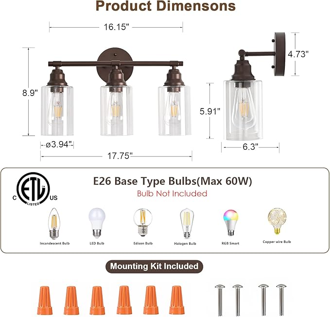 Refice Bathroom Vanity Lights Over Mirrors 3-Light Oil Rubbed Bronze Bathroom Light Fixtures with Clear Glass Shades for Mirror, Living Room, Farmhouse,Hallway (Bulbs Not Included)
