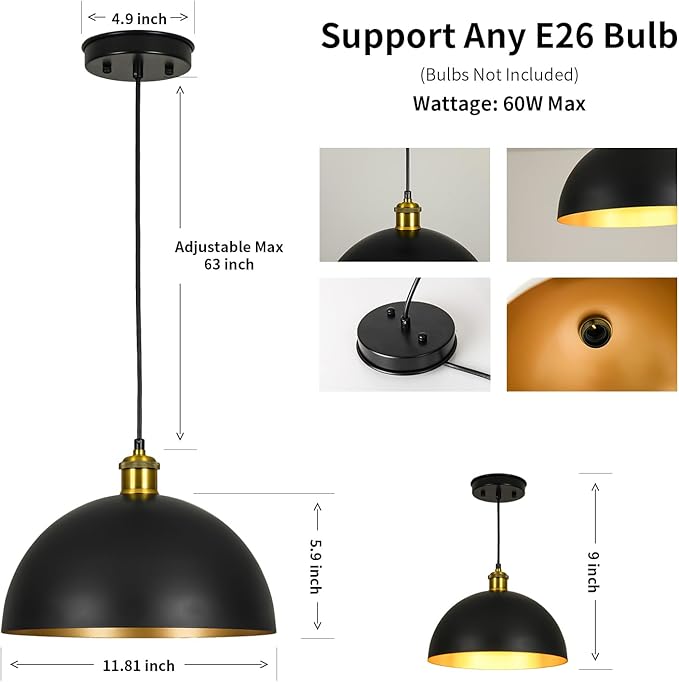 Chandelier Ceiling Light Fixture 12 inch Pendant Lights Kitchen Island Hanging lamp Ceiling Lighting Modern Black and Gold Farmhouse Vintage lamp (12 inch (2PCS))