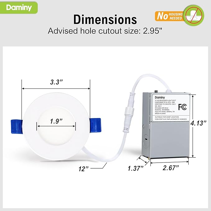 DAMINY 24 Pack 3 Inch LED Recessed Lighting with Junction Box,5CCT,Ultra-Thin Recessed Light,7W 500LM, Dimmable Canless Wafer Ceiling Light, High Brightness