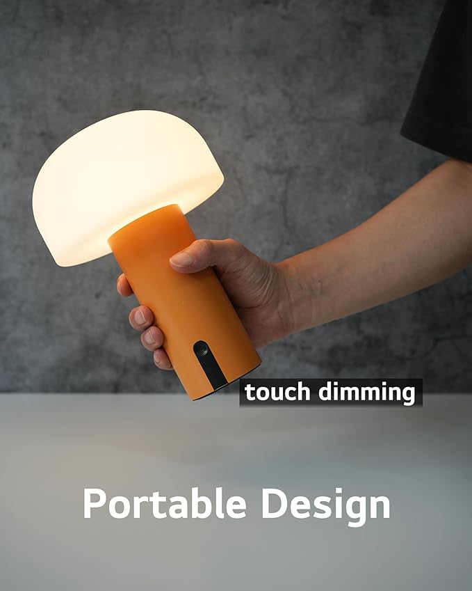 WEILAILUX Cordless Mushroom Table Lamp, Waterproof Shower Lamp, Battery Operated Table Lamp Rechargeable, Touch Dimmable Night Light for Bedroom/Patio/Camping/Dinning/Outdoor (Orange)