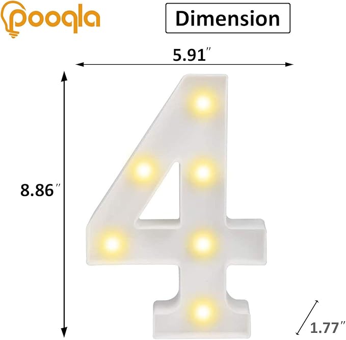 Pooqla Decorative LED Light Up Number Letters, White Plastic Marquee Lights Sign Party Wedding Decor, Battery Operated (4)
