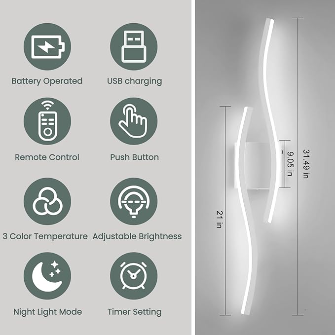 Modern LED Wall Sconce Set of Two, Dimmable Battery Powered Wall Sconces, 3000K-6500K LED Wireless Wall Light with Remote, Wall Lamp Indoor not Hardwired for Room Bedroom Corridor（White）