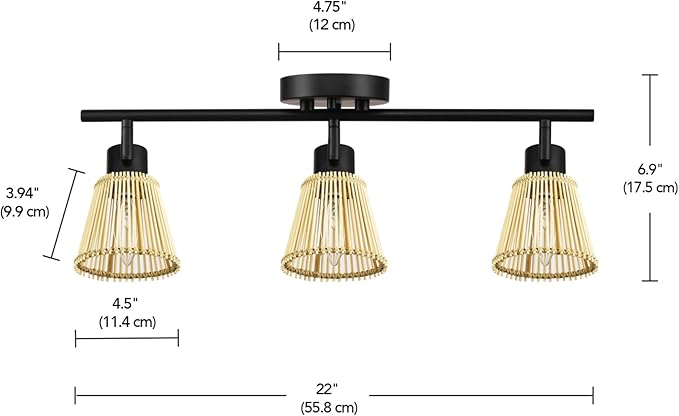 Globe Electric 3-Light Track Lighting Kit, Matte Black, Bamboo Shades, 3 Bulb Kitchen Light, E12 Socket