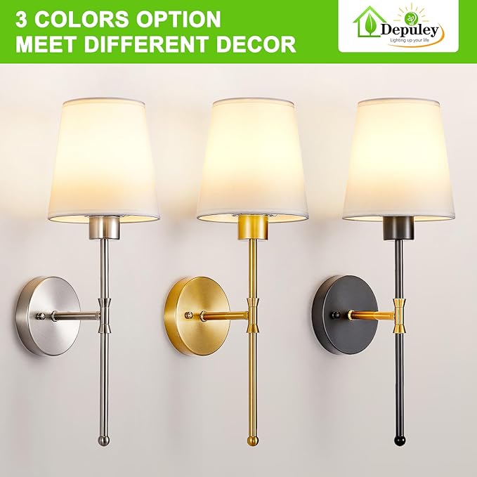 Depuley Battery Operated Wall Sconce: Set of 2 19.99" Wireless Wall Lights with Remote for Bedroom - Rechargeable 15 Colors Black and Gold Wall Lamp for Living Room Hallway Decor