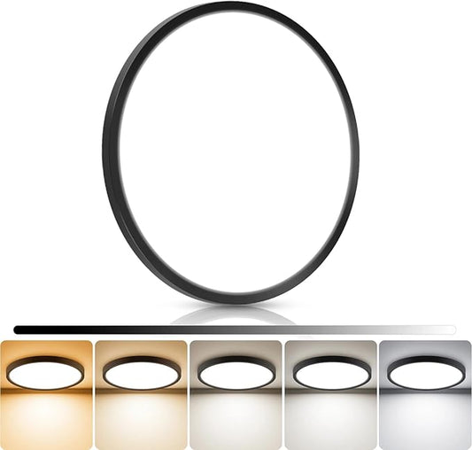 libtit 13inch LED Flush Mount Ceiling Light, Dimmable & 5Color Temperatures (3000K-6500K), 24W Round Slim Black Light Fixture for Bedroom Livingroom Garage Kitchen