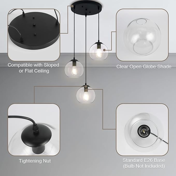 Globe Pendant Light, Modern Hanging Lighting Fixture, Classic Cluster Chandelier with Clear Glass Shades(Black, 3 Lights, 11.8 Inch)