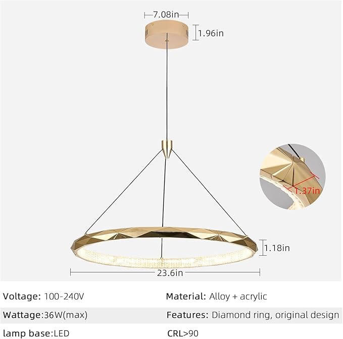 HEYAN Modern Gold Ring Chandelier, 24-Inch Faceted Geometric LED Pendant Light, Dimmable 3-Color Changeable Island Lighting, 36W Luxury Acrylic Crystal-Effect Ceiling Fixture for Dining Room & Kitchen
