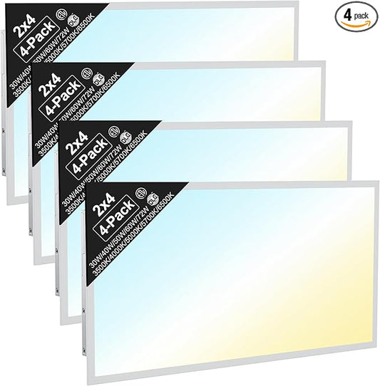 2x4 LED Flat Panel Light, Drop Ceiling Office Fixture, 4-Pack, Selectable Features (30W–72W, 3500K–6500K), 0-10V Dimmable, Back-Lit, DLC & ETL Listed