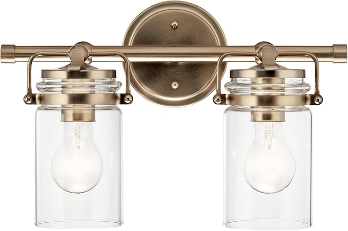 Kichler Brinley 2-Light Bathroom Vanity Light Fixture 15.75 in Industrial Farmhouse with Clear Glass in Champagne Bronze for Mirror Over Sink (15.75 x 10.25 x 6.75 in), 45688CPZ