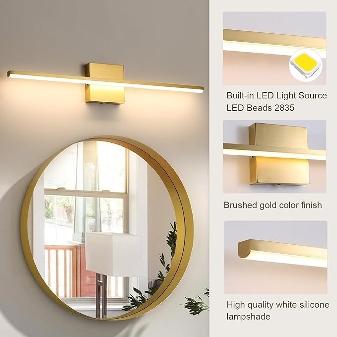Modern Bathroom Vanity Light 24 Inch, 18W Brushed Gold Bathroom Light Fixture Over Mirror, Dimmable 5CCT LED Wall Sconce Lighting for Restro