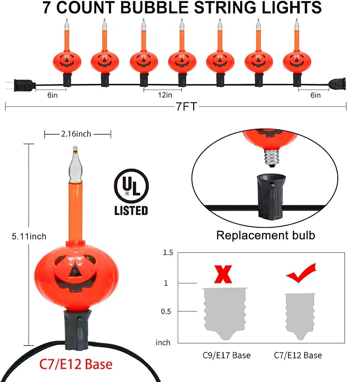 7 Count Halloween Pumpkin Bubble Lights,7.1ft Vintage Orange Pumpkin String Light for Indoor Decor - Fairy Halloween Bubble Lighting for Bedroom, Porch, House, Fall Party Decorations