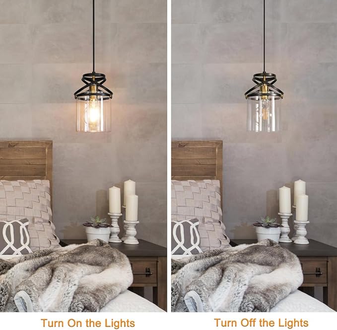 Modern Black and Gold Plug in Hanging Lamp - 16.4ft Adjustable Corded Pendant Light with 5.9" Clear Glass Shade - Kitchen Island & Sink Lighting for Farmhouse Living Room, Bedroom, Dining Room Fixture