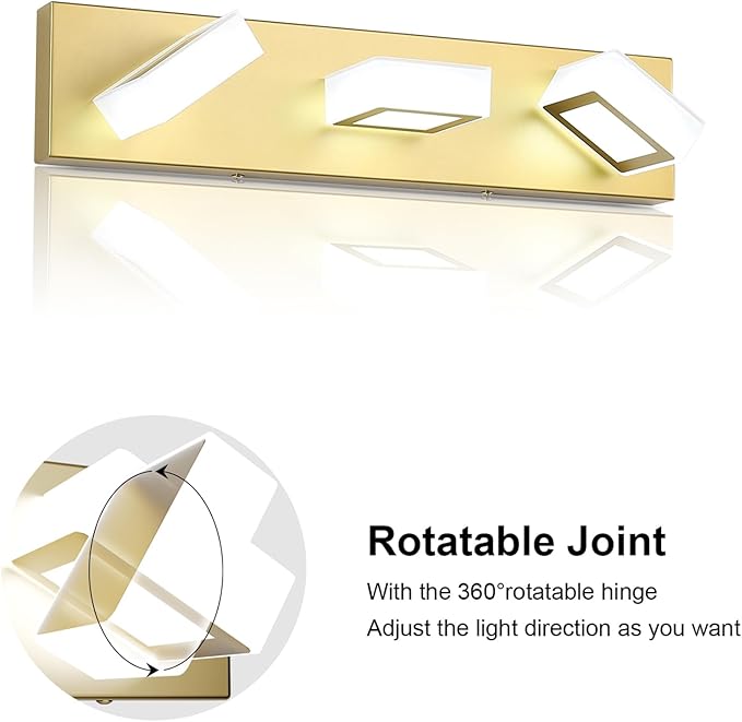 Ralbay Gold Bathroom Vanity Lights 3 Lights LED Modern Gold Vanity Lights Over Mirror Fixture Acrylic Gold Vanity Wall Light (White Light 6000K)