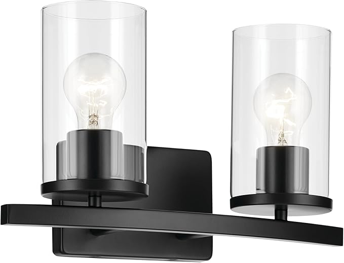 Kichler Crosby 15.25" 2-Light Bathroom Vanity Light Fixture with Clear Glass in Black for Powder Room, Modern Wall Mount Over Mirror (15.25" x 8.75"), 45496BKCLR