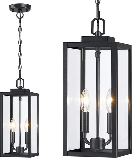 15'' Large Outdoor Pendant Light 2-Light, Modern Black Metal Outside Chandelier Exterior Hanging Fixture Ceiling Mount with Clear Glass for Front Porch Entrance Foyer Entryway, 1 Pack