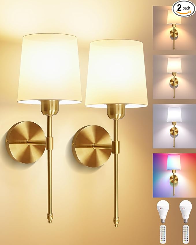 Ouyulong Battery Operated Wall Sconces Set of 2, Wireless Rechargeable Dimmable Wall Light with 5600mAh RGB Bulb and Remote for Bedroom, Living Room, Hallway 19in Gold