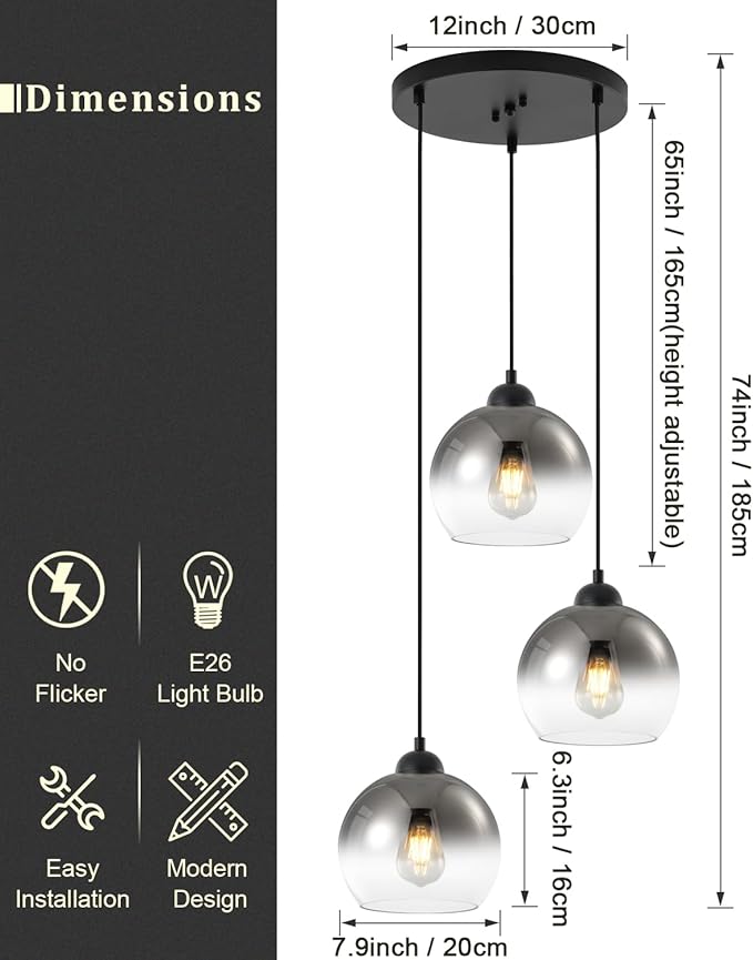 Modern Gradient Smoke Gray Glass Pendant Light,3-Light Globe Adjustable Hanging Pendant Light for Bedroom Kitchen Island Dining Room Stairwell