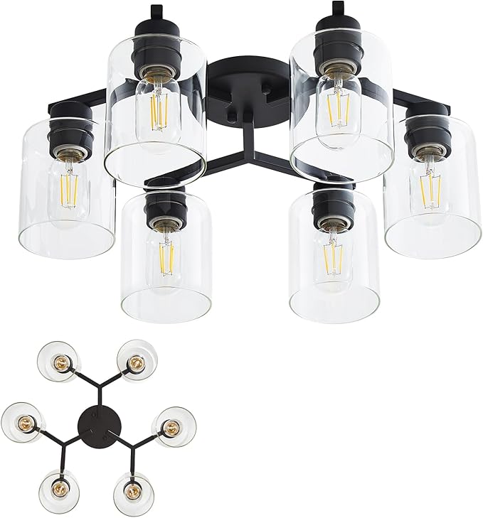 YYT 6-Light Semi Flush Mount Ceiling Light Fixture, Black Light Fixtures for Dining Room Ceiling, Large Kitchen Lighting Fixtures Ceiling for Living Room with Clear Glass Shade