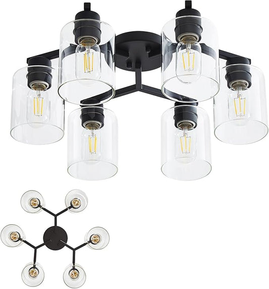 YYT 6-Light Semi Flush Mount Ceiling Light Fixture, Black Light Fixtures for Dining Room Ceiling, Large Kitchen Lighting Fixtures Ceiling for Living Room with Clear Glass Shade