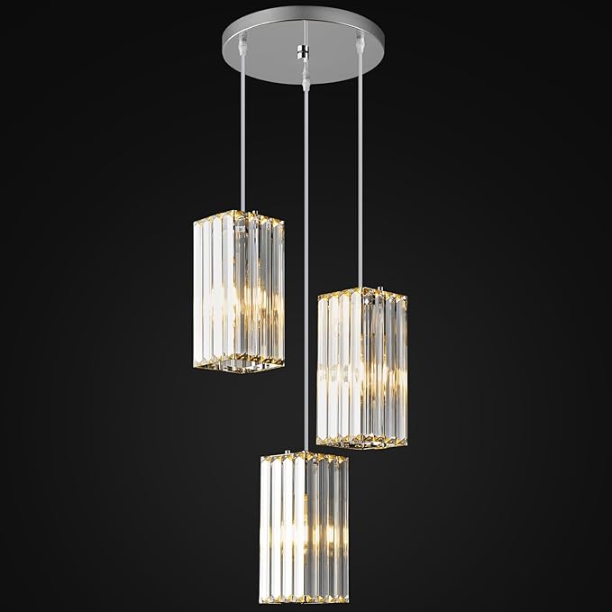 Modern Pendant Light Chrome Rectangle Pendant Lighting Mini Crystal Chandeliers Adjustable Pendant Light Fixture for Kitchen Island Dinning Room Living Room Corridor Bedroom(Chrome 3-Light)