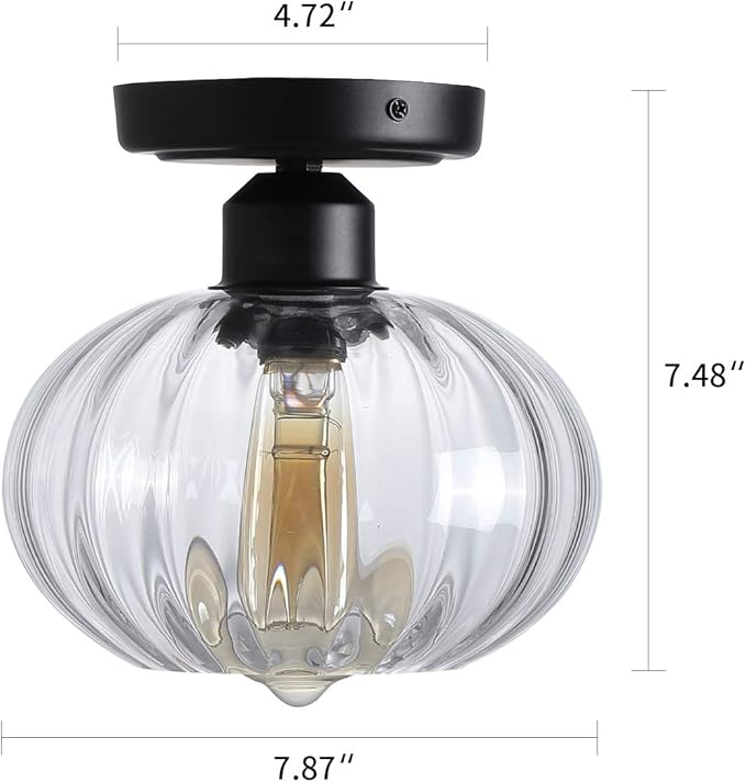 Fivess Lighting Industrial Glass Flush Mount Light Fixture Clear Glass Shade Rustic Semi Flush Mount Ceiling Light for Hallway Entryway Kitchen Farmhouse, Black