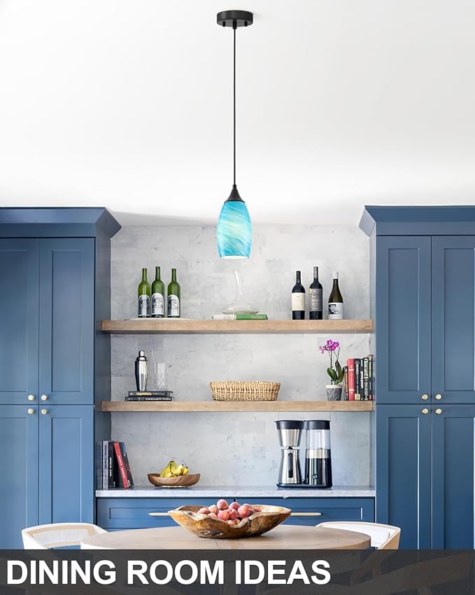 ANYLOVE Vintage Art Lake Blue Stripe Pendant Lighting,1-Pack Hand Glass Hanging Light Fixture,Adjustable Cord for Kitchen,Hallway,Dining Room