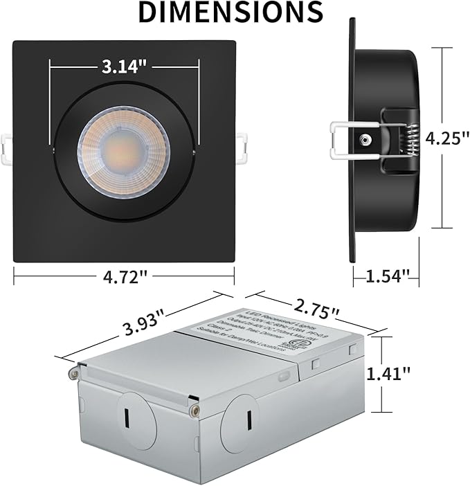 KnLnny Ware Black Square Recessed Lighting 4 inch 6 Pack with Gimbal,Canless Eyeball Recessed Lightswith Junction Box,dimmable, 5CCT Selectable,9W 750LM