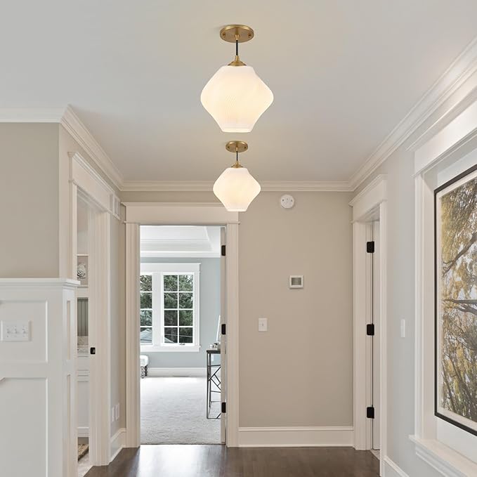 Milk White Glass Pendant Light, Mid Century Modern Ceiling Hanging Lights Fixture with Height Adjustable, Brass Gold Pendant Lighting for Kitchen Island, Hallway, Dining Room, Bedroom(1 Pack)