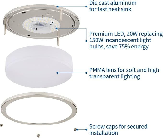 DAKASON 2Pack LED Flush Mount Ceiling Light Fixture 13” 20W, On/Off Switch to Select 3000K/4000K/5000K, Dimmable Ceiling Lamp for Kitchen, Hallway, Stairwell, Brushed Nickel