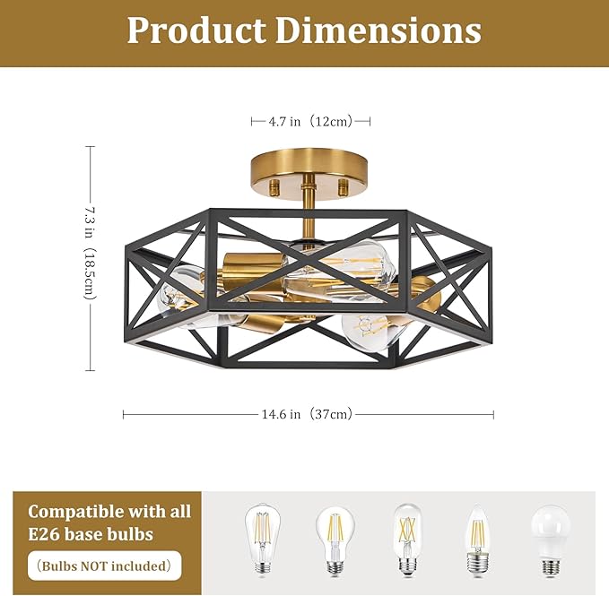 Modern Farmhouse Semi Flush Mount Ceiling Light,Industrial Black and Gold Ceiling Lighting Fixture,Hexagonal Close to Ceiling Lights for Kitchen, Hallway,Bedroom,Foyer,Laundry Room,14.6 Inch