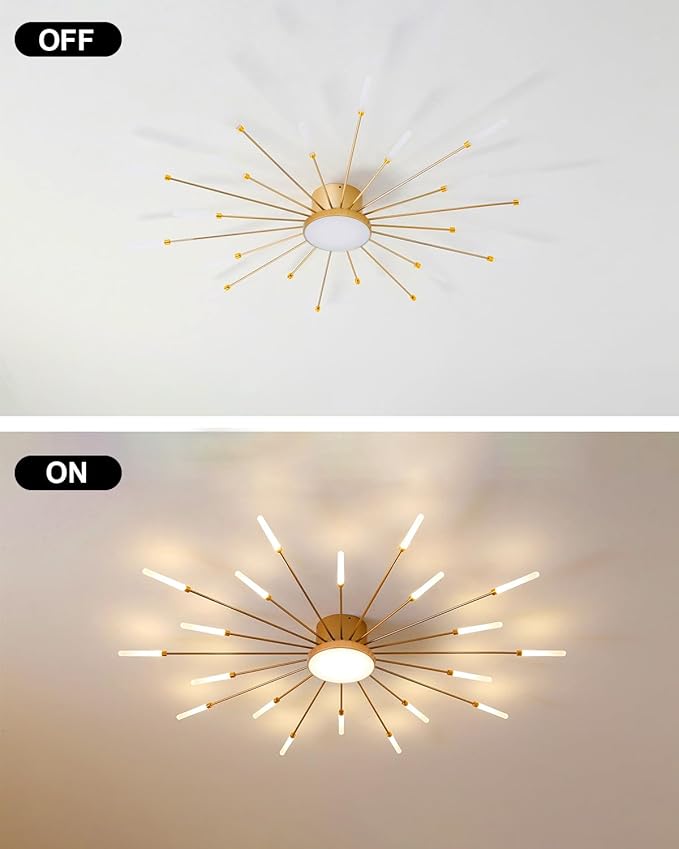 LED Firework Ceiling Light, 20+1 Lights Modern Metal Flush Mount Ceiling Light, 4000K Gold Sputnik Chandelier for Dining Room Bedroom Kitchen, 32W Farmhouse Flower Shape Ceiling Lamp