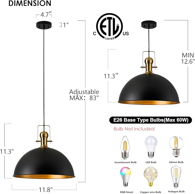 12 Inch Black Farmhouse Pendant Lights Matte Pendant Lights for Kitchen Island Industrial Adjustable Height Vintage Dome Hanging Light Fixtures for Barn, Dining Room 2 Packs