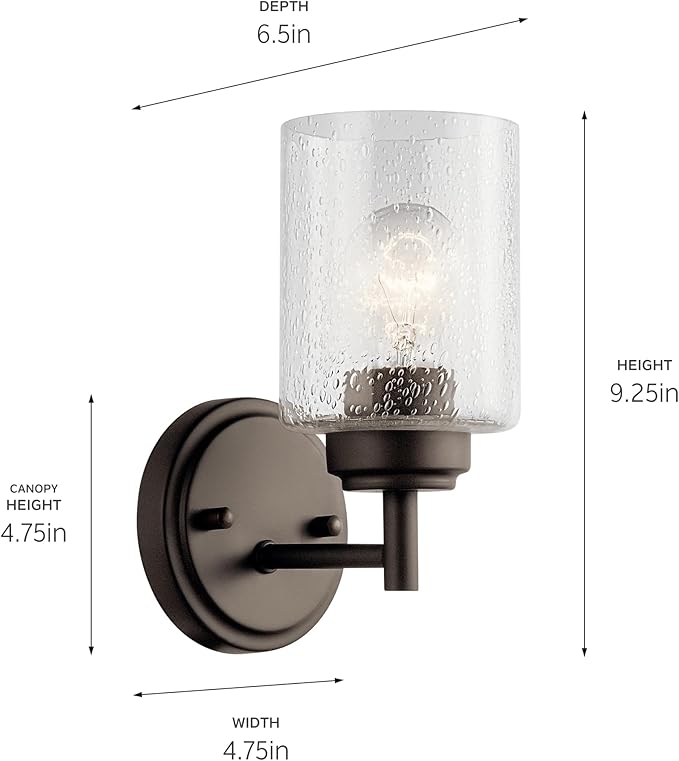 Kichler Winslow 9.25" 1-Light Wall Sconce with Clear Seeded Glass in Olde Bronze for Bathroom Vanity, Kitchen, Living Room, Dining Room, Bedroom, Mudroom, Hallway, Stairwell, 45910OZ