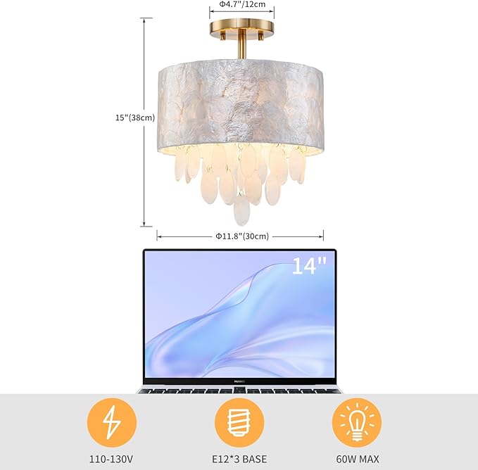 D7 inch Capiz Shell Crystal Drum Ceiling Light, 3-Light Coastal Design Flushmount Light Fixture for Dining Room, Hallway, Bedroom, D12xH15 in, Shell Pendants & Lampshade & Gold Finish
