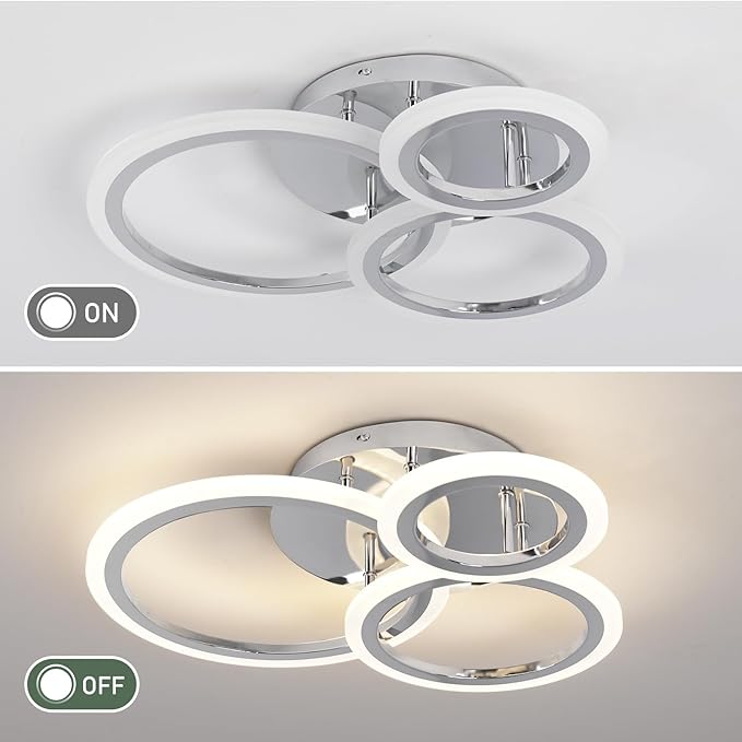 Dimmable Modern Led Ceiling Light 3 Rings Dimming Circle Modern Living Room Light Fixture Chrome Acrylic Flush Mount Ceiling Light with Remote for Bedroom Bathroom Kitchen Balcony Corridor