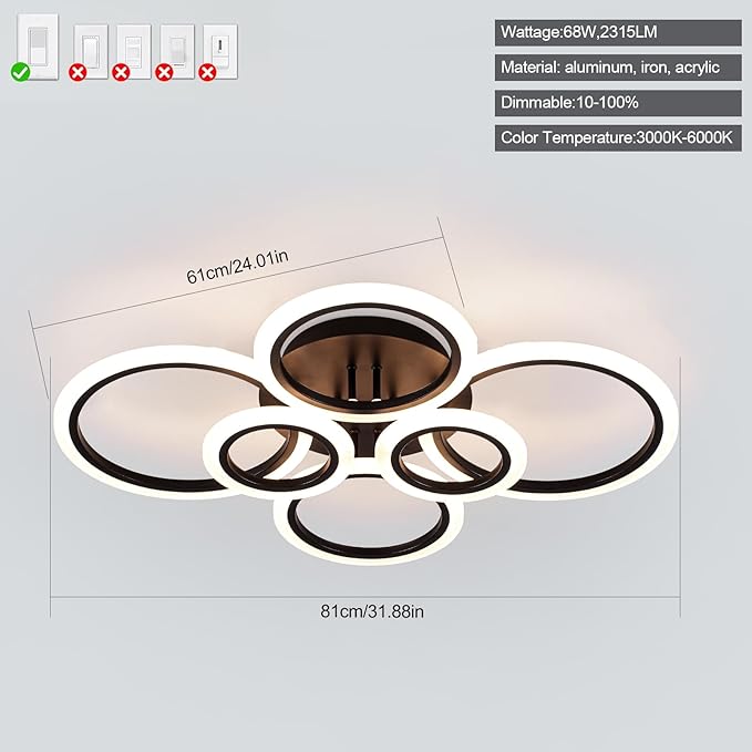 Modern Ceiling Lights 31.8" 68W, Dimmable Kitchen Lighting Fixtures Ceiling, 3000-6500K Light Fixture Ceiling Mount with Remote Control, Black 6 Ring LED Ceiling Light for Bedroom
