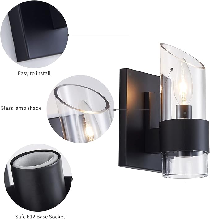 WUZUPS Set of 2 1-Light Bathroom Wall Light Fixture Over Mirror Class Shade Morden Vanity Scones for Bathroom Bedroom Living Room, E12 Base, Black
