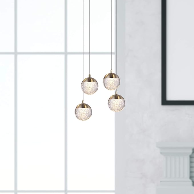 contec development Galaxy 4 Mini Pendant Crystall Ball Lighting Brass - LED Hanging Light Fixture: Kitchen Island, Bar, Foyer - Cluster Pendants - Dimmable, Adjustable Wire, Lamp Bulb Included