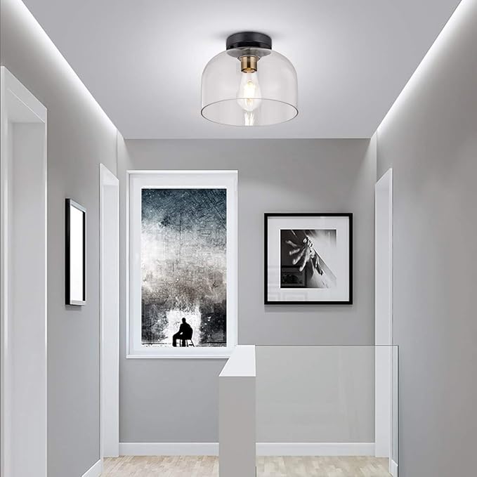 Farmhouse Flush Mount Light, 9.84 inches Clear Glass,Brush Gold Socket,Matte Black Ceiling Light Fixture for Hallway, Entryway, Laundry Room